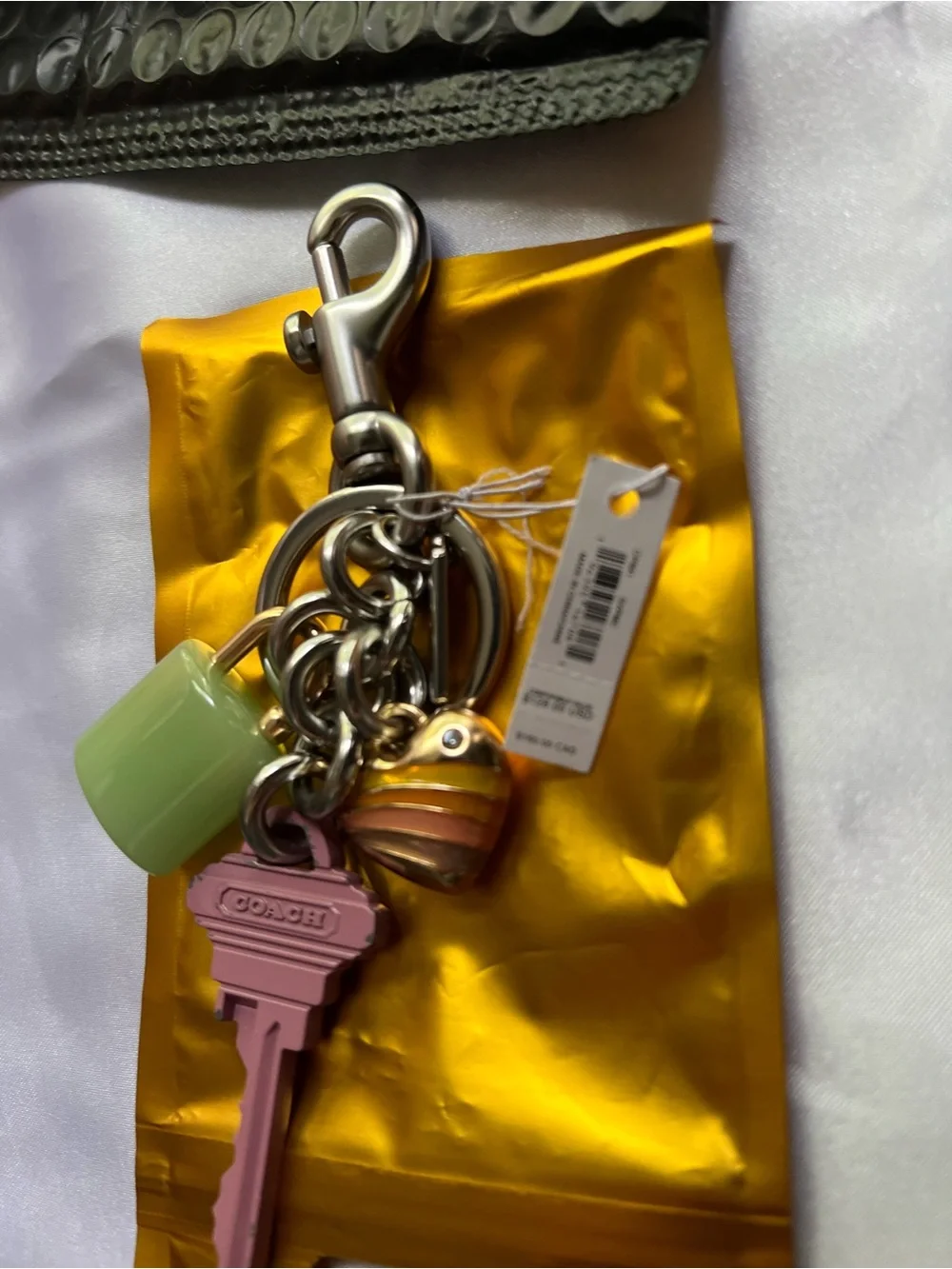 Coach Silver Keychain with Pastel Green Cube and Pink Tag Charms